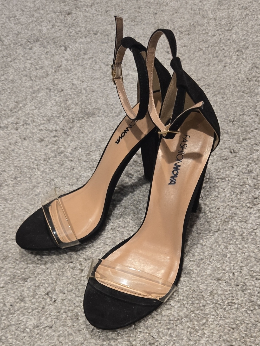 Fashion Nova Black Suede Ankle-Strap Block Heels with Clear Toe Band